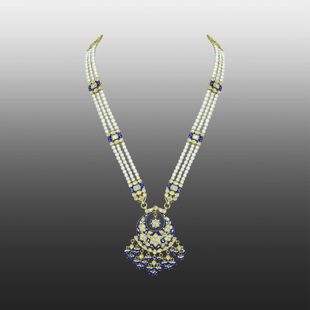 Three-Strand Pearl Necklace with Blue Enamel and Sapphire Accents